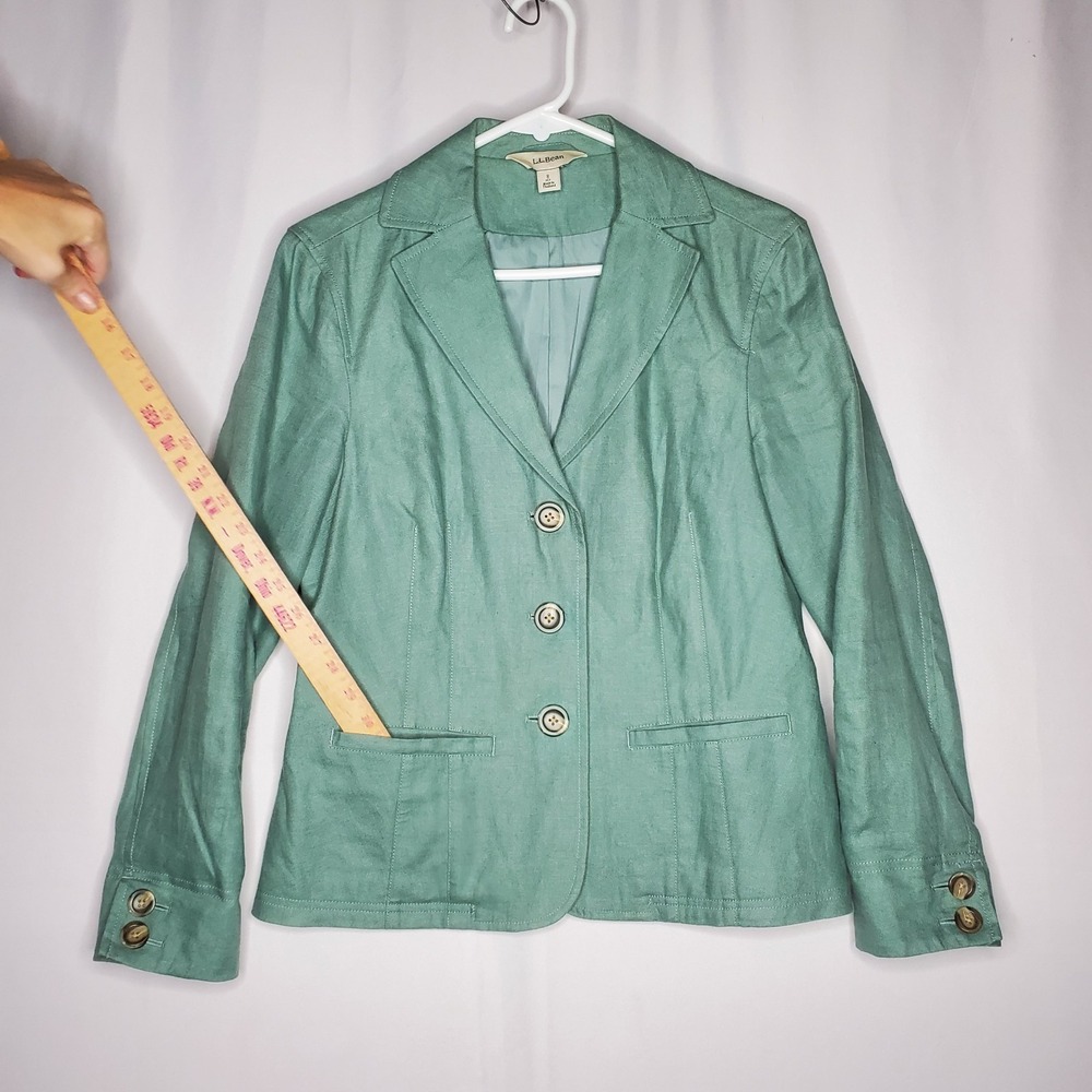 LL Bean Linen Blazer Womens Petite 8P Green Button Collar Pocket Lined Coastal - Picture 3 of 8